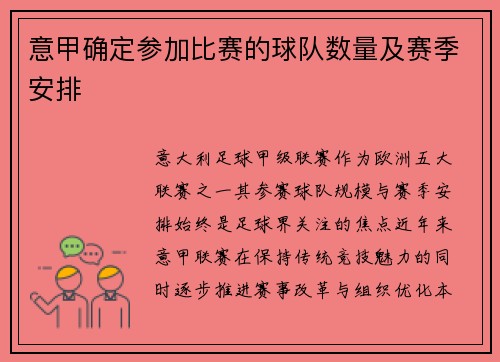 意甲确定参加比赛的球队数量及赛季安排